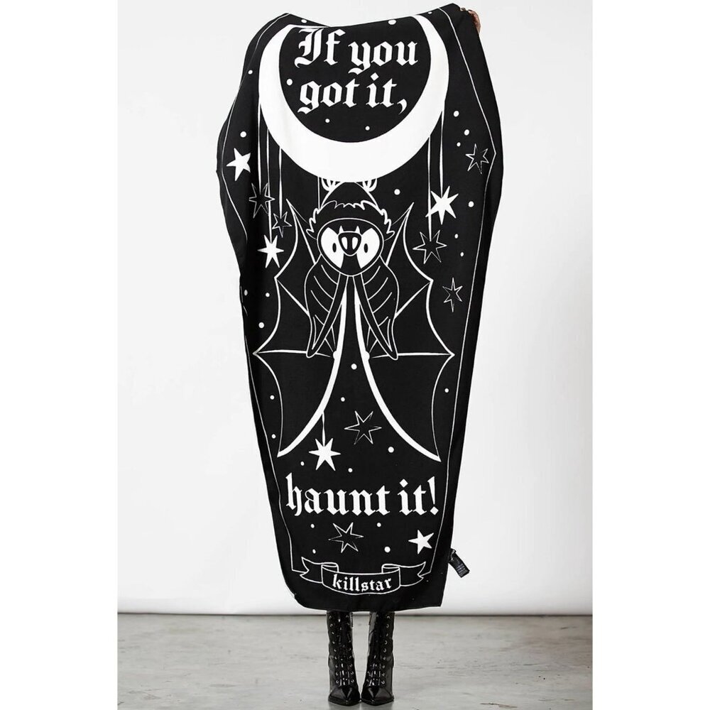 Killstar ✦ “Haunt It” Coffin Beach Towel ✦ XL Black & White Microfiber Bat Print